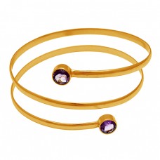 Faceted Round Amethyst Gemstone 925 Sterling Silver Gold Plated Bangle Jewelry