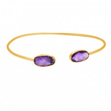 Briolette Oval Purple Amethyst Gemstone 925 Sterling Silver Gold Plated Bangle Jewelry