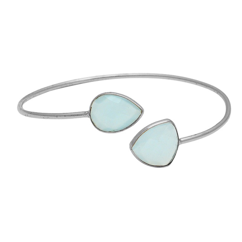Pear Triangle Shape Chalcedony Gemstone 925 Sterling Silver Gold Plated Bangle Jewelry