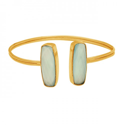 Briolette Cushion Chalcedony Gemstone 925 Sterling Silver Gold Plated Bangle Jewelry
