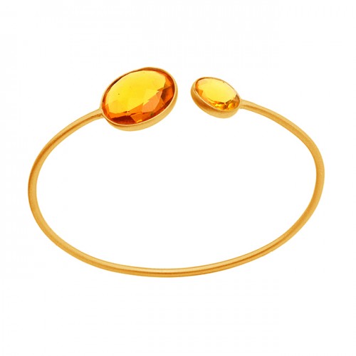 Round Shape Citrine Gemstone 925 Sterling Silver Gold Plated Bangle Jewelry