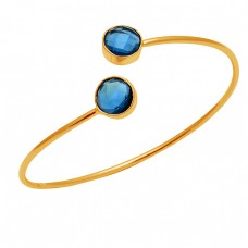 Round Briolette Blue Quartz Gemstone 925 Sterling Silver Gold Plated Bangle Jewelry