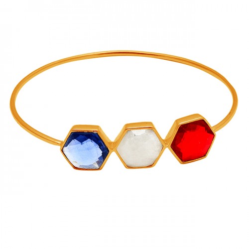 Hexagon Shape Red Blue Color Quartz Moonstone 925 Sterling Silver Gold Plated Bangle Jewelry