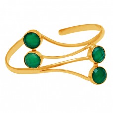 Round Shape Green Onyx Gemstone 925 Sterling Silver Gold Plated Bangle Jewelry