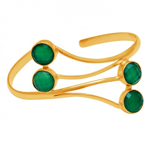 Round Shape Green Onyx Gemstone 925 Sterling Silver Gold Plated Bangle Jewelry