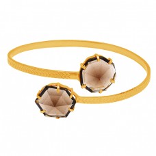 Hexagon Shape Smoky Quartz Gemstone 925 Sterling Silver Gold Plated Bangle Jewelry