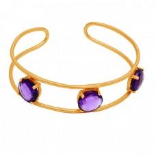 Amethyst Gemstone 925 Sterling Silver Gold Plated Prong Setting Bangle Jewelry