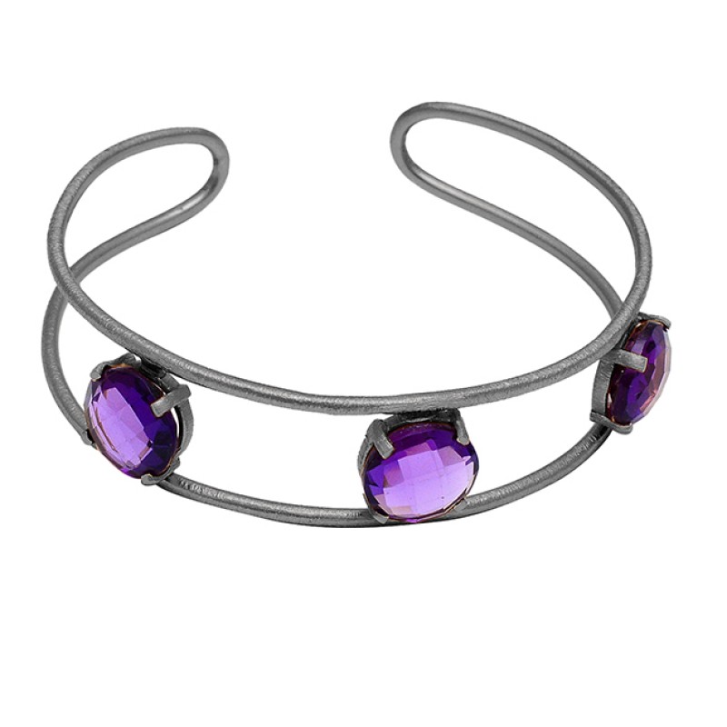 Amethyst Gemstone 925 Sterling Silver Gold Plated Prong Setting Bangle Jewelry
