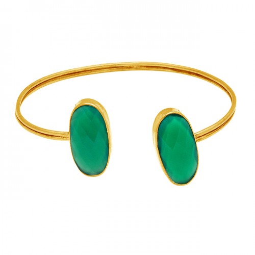 Oval Briolette Green Onyx Gemstone 925 Sterling Silver Gold Plated Bangle Jewelry