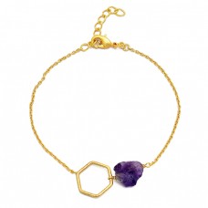 Amethyst Rough Gemstone 925 Sterling Silver Gold Plated Bracelet