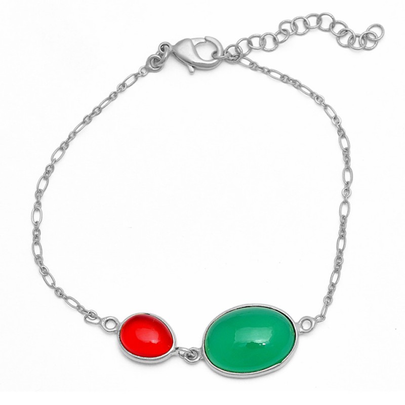 Red Green Color Onyx Gemstone 925 Sterling Silver Gold Plated Bracelet