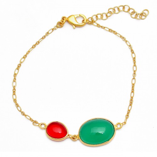 Red Green Color Onyx Gemstone 925 Sterling Silver Gold Plated Bracelet