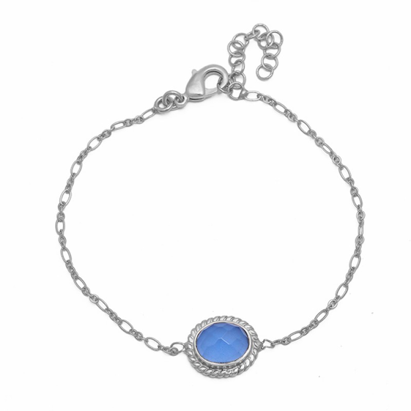 Oval Shape Blue Chalcedony Gemstone 925 Sterling Silver Gold Plated Bracelet