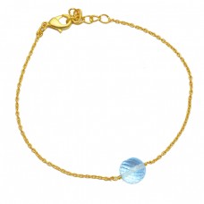 Faceted Round Balls Blue Topaz Gemstone 925 Sterling Silver Gold Plated Bracelet Jewelry