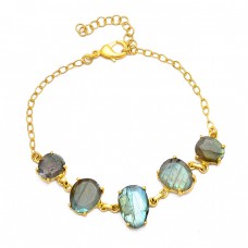 Oval Shape Labradorite Gemstone 925 Sterling Silver Gold Plated Bracelet