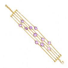 Oval Shape Amethyst Gemstone 925 Sterling Silver Gold Plated Bracelet