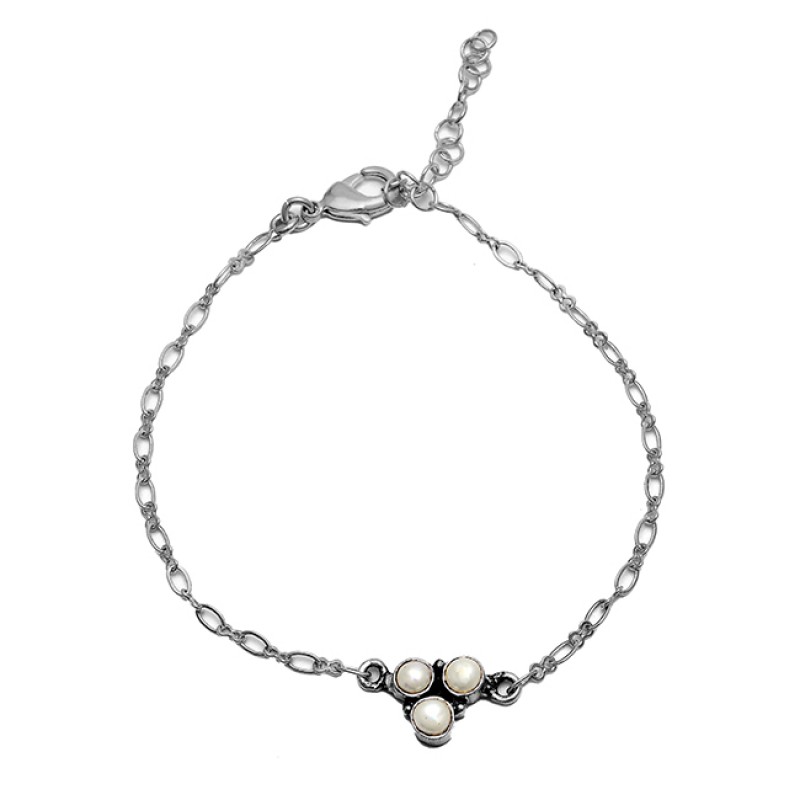 Round Shape Pearl Gemstone 925 Sterling Silver Gold Plated Bracelet