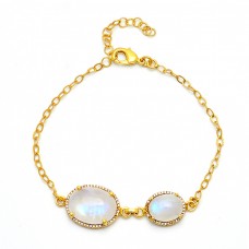 Oval Shape Rainbow Moonstone 925 Sterling Silver Gold Plated Bracelet