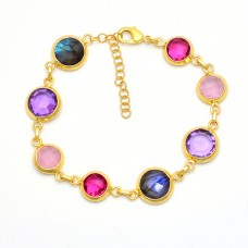 Round Shape Multi Color Gemstone 925 Silver Gold Plated Bracelet