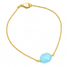 Hexagon Shape Aqua Chalcedony Gemstone Light Weight Gold Plated Bracelet Jewelry