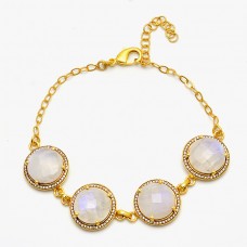 Rainbow Moonstone Round Shape 925 Silver Gold Plated Bracelet