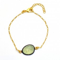 Oval Shape Prehnite Chalcedony Gemstone 925 Silver Gold Plated Bracelet