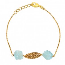 Aqua Chalcedony Rough Gemstone 925 Sterling Silver Gold Plated Bracelet