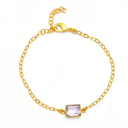 Rectangle Shape Amethyst Gemstone 925 Sterling Silver Gold Plated Bracelet