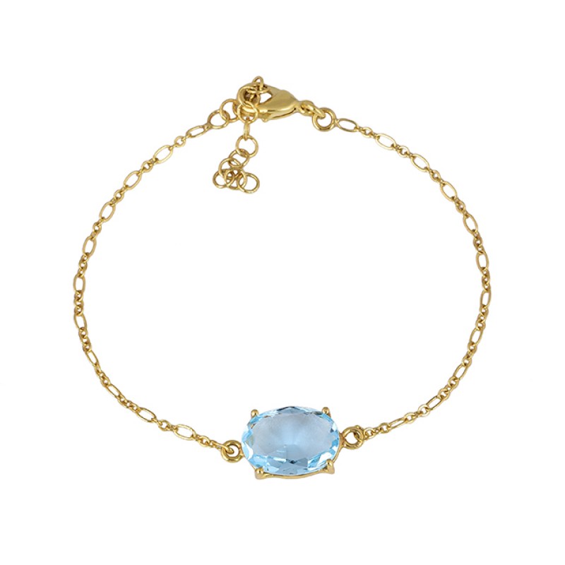 
									Oval Shape Blue Topaz Gemstone 925 Sterling Silver Gold Plated Bracelet