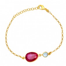 Blue Topaz Ruby Gemstone 925 Sterling Silver Gold Plated Bracelet