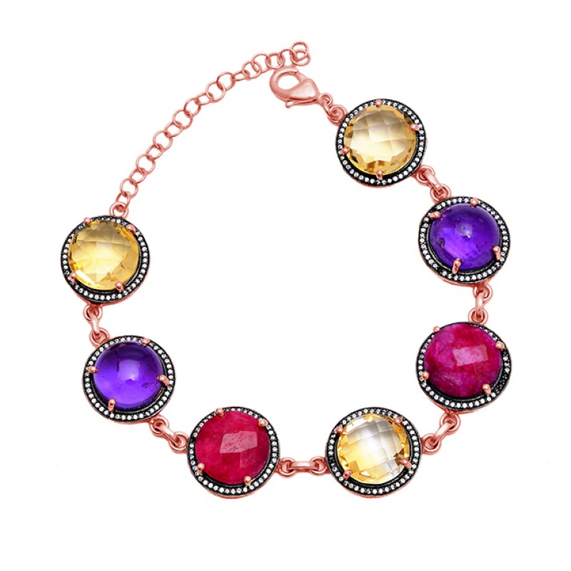 Round Shape Citrine Amethyst Ruby Gemstone 925 Silver Bracelet Jewelry
