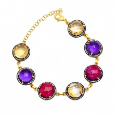 Round Shape Citrine Amethyst Ruby Gemstone 925 Silver Bracelet Jewelry