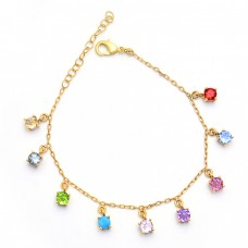 Round Shape Multi Color Gemstone 925 Sterling Silver Gold Plated Bracelet Jewelry