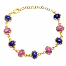 Oval Shape Ruby Lapis Lazuli Gemstone 925 Silver Gold Plated Bracelet