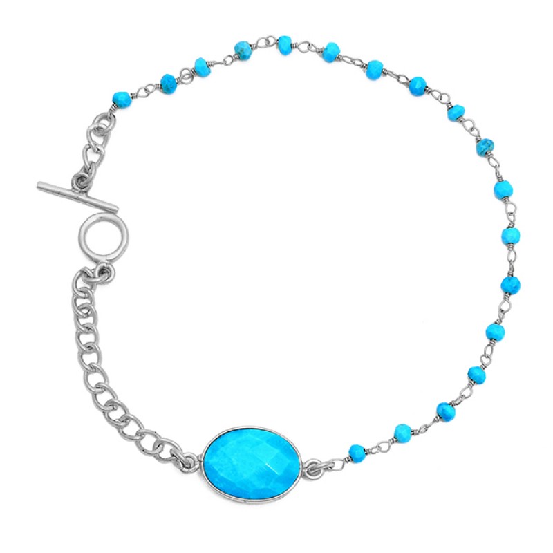 Oval Roundel Beads Turquoise Gemstone 925 Silver Gold Plated Bracelet