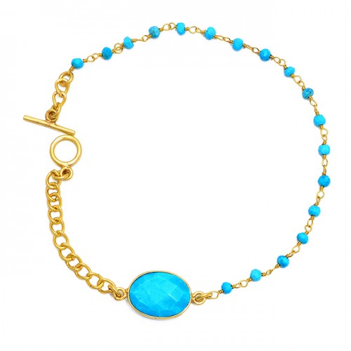 Oval Roundel Beads Turquoise Gemstone 925 Silver Gold Plated Bracelet