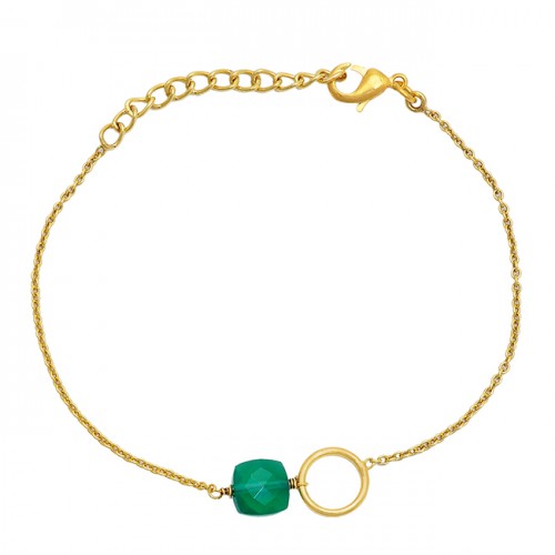 Square Shape Green Onyx Gemstone 925 Sterling Silver Gold Plated Bracelet
