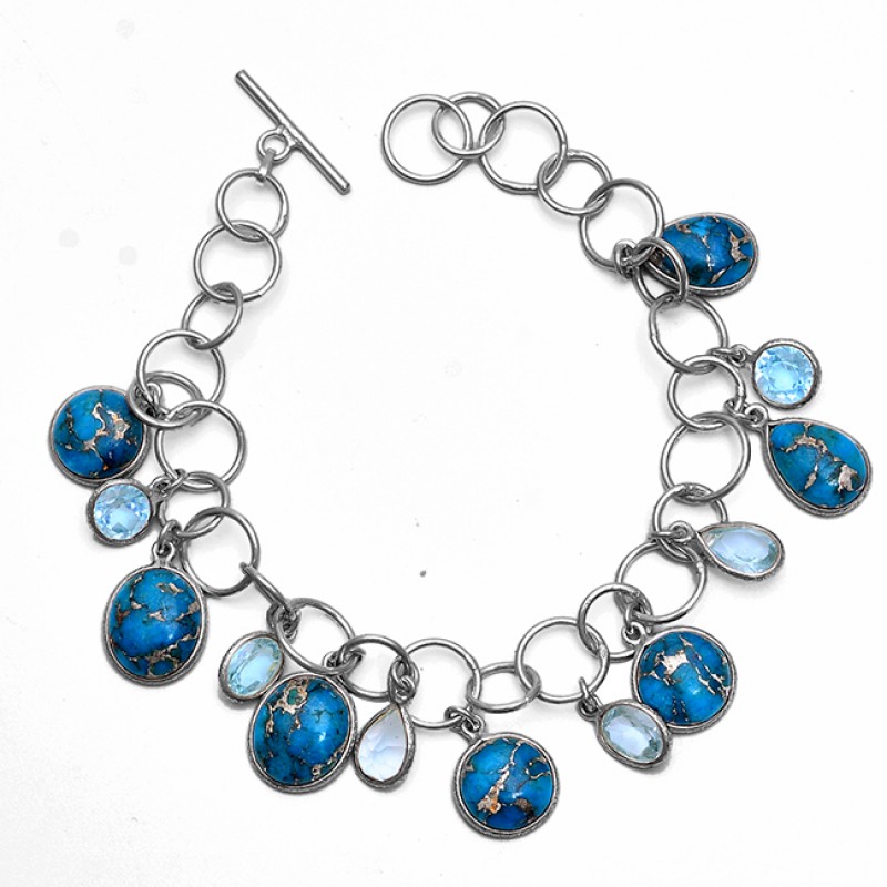 Topaz Blue Copper Turquoise Gemstone 925 Sterling Silver Bracelet