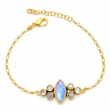 Rainbow Moonstone Cz Gemstone 925 Sterling Silver Gold Plated Bracelet