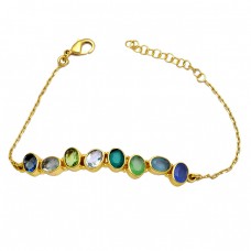 Oval Shape Multi Color Gemstone 925 Sterlig Silver Gold Plated Bracelet