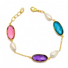 Pink Amethyst Blue Color Quartz Pearl Gemstone 925 Sterling Silver Gold Plated Bracelet Jewelry