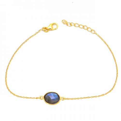 Oval Shape Labradorite 925 Sterling Silver Gold Plated Bracelet Jewelry