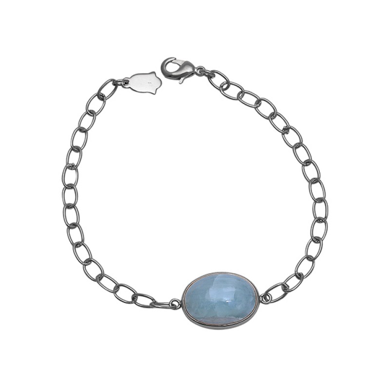 Oval Shape Aquamarine Gemstone 925 Silver Jewelry Chain Bracelet 