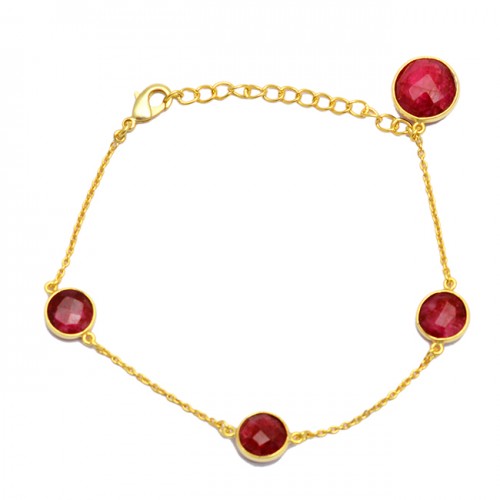 Bezel Setting Round Ruby Gemstone 925 Sterling Silver Gold Plated Bracelet Jewelry