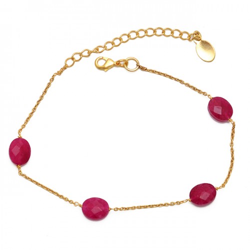Oval shape Ruby Gemstone 925 Sterling Silver Jewelry Chain Bracelet