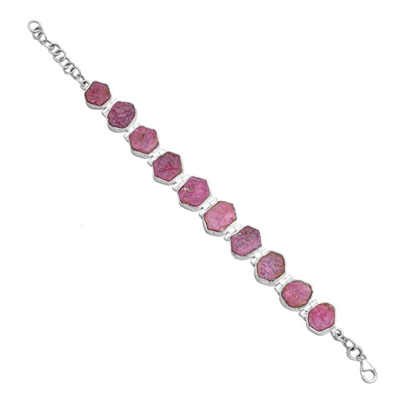 Raw Material Ruby Rough Gemstone 925 Sterling Silver Handcrafted Bracelet Jewelry