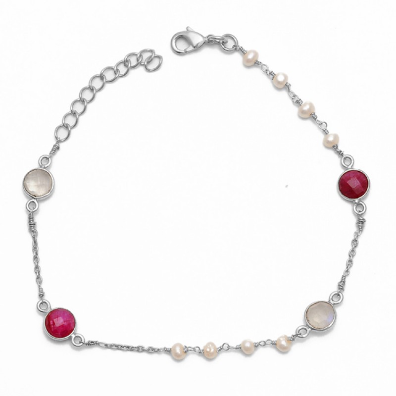 Round Shape Pear Ruby Moonstone 925 Sterling Silver Jewelry Bracelet