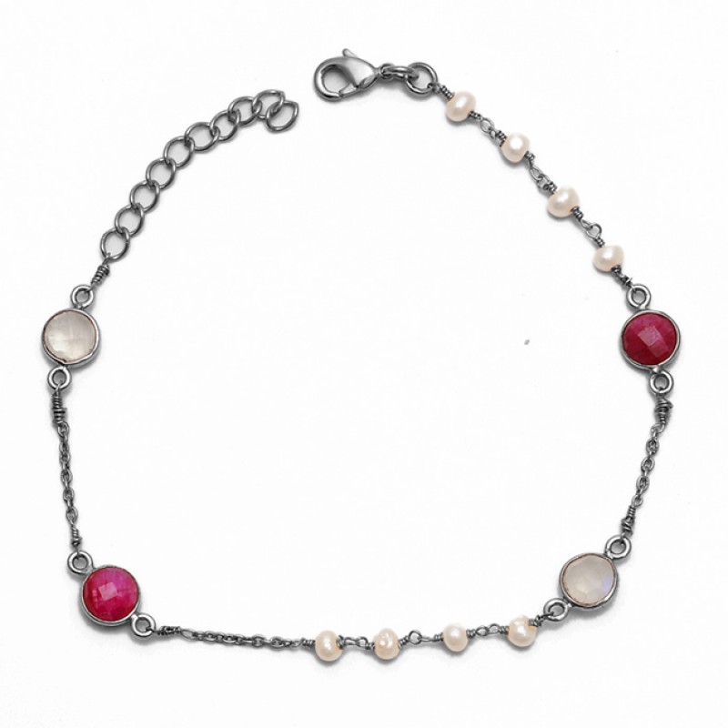 Round Shape Pear Ruby Moonstone 925 Sterling Silver Jewelry Bracelet