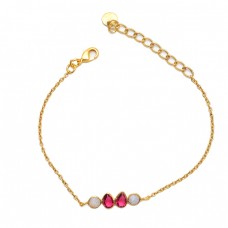 925 Sterling Silver Moonstone Pink Quartz Gemstone Gold Plated Bracelet