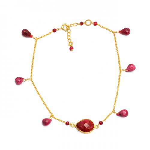 Ruby Pear Drops Roundel Beads Shape Gemstone 925 Sterling Silver Gold Plated Bracelet Jewelry